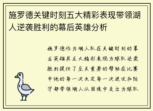 施罗德关键时刻五大精彩表现带领湖人逆袭胜利的幕后英雄分析